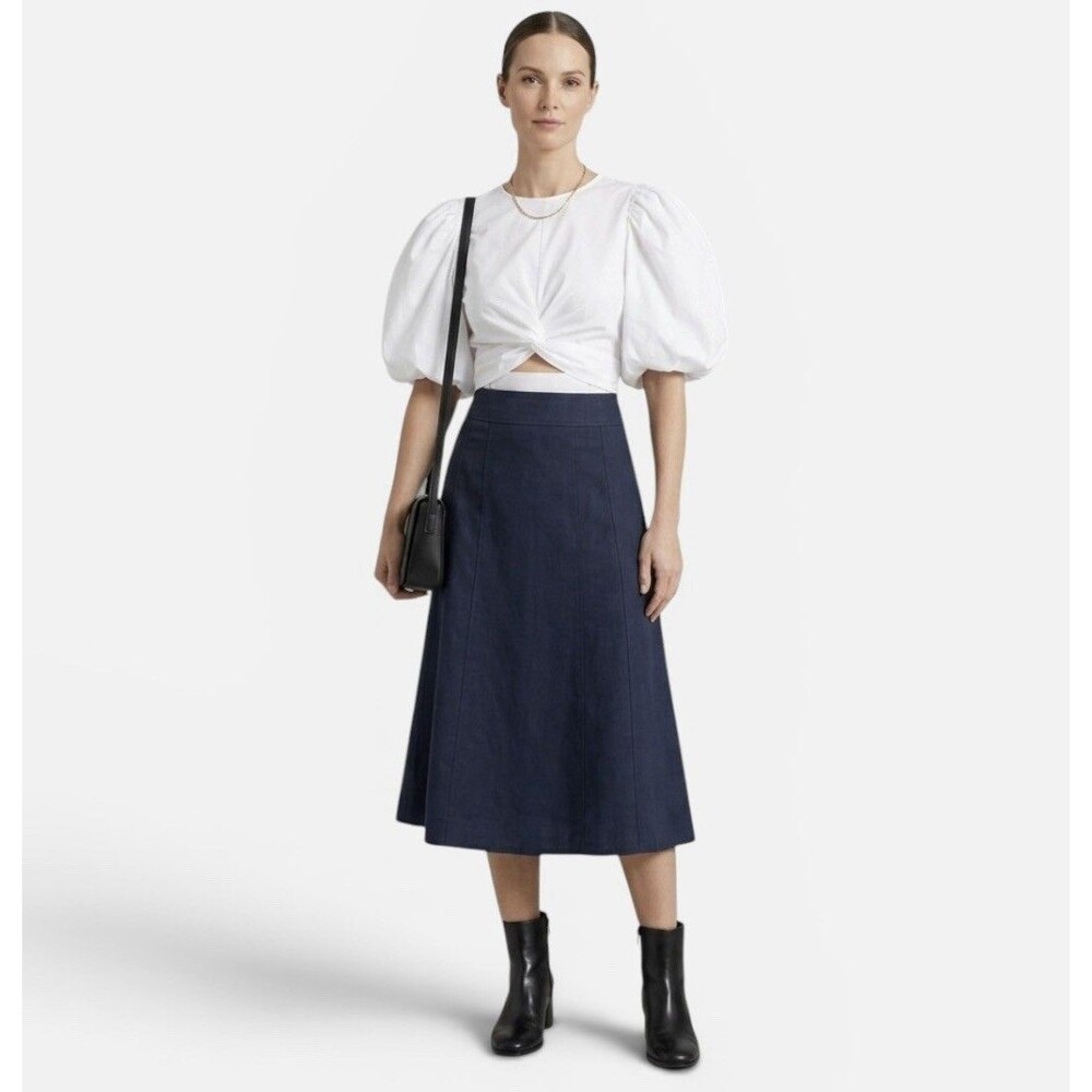 NWT Coldwater Creek Dark Navy Blue Silk Linen A-line Skirt Womens Size 12 $79.95